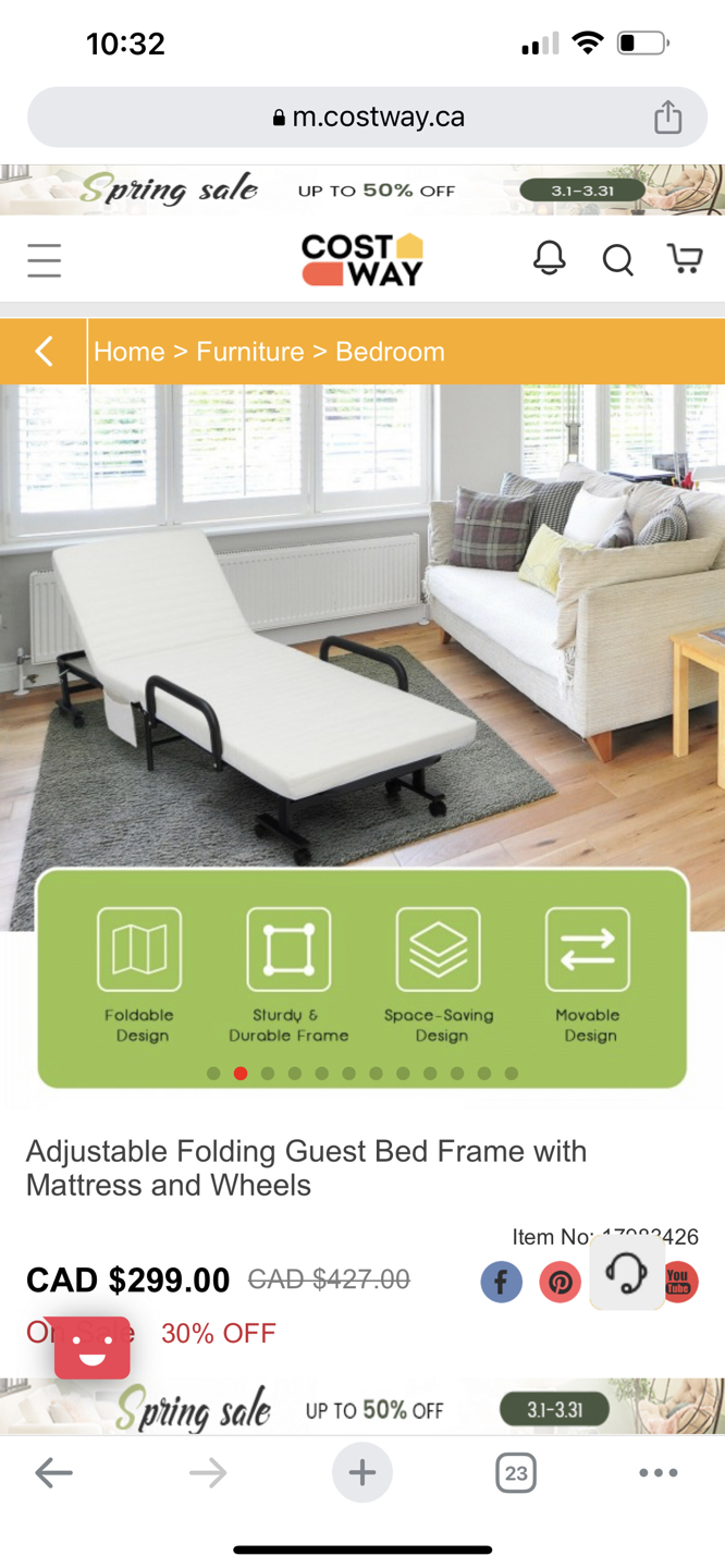Adjustable Folding Guest Bed Frame with Mattress and Wheels