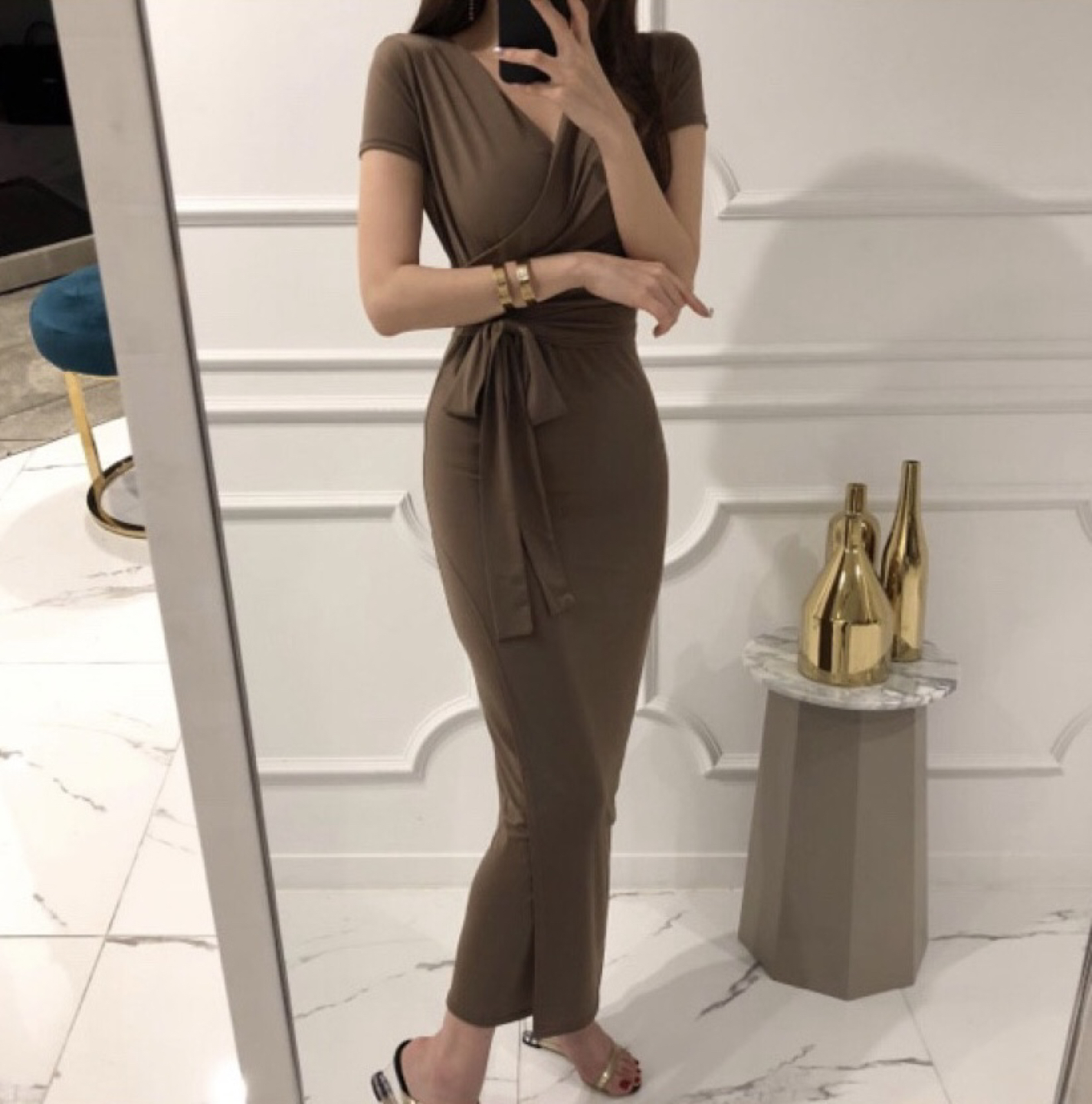 Belted wrap long dress (brown)