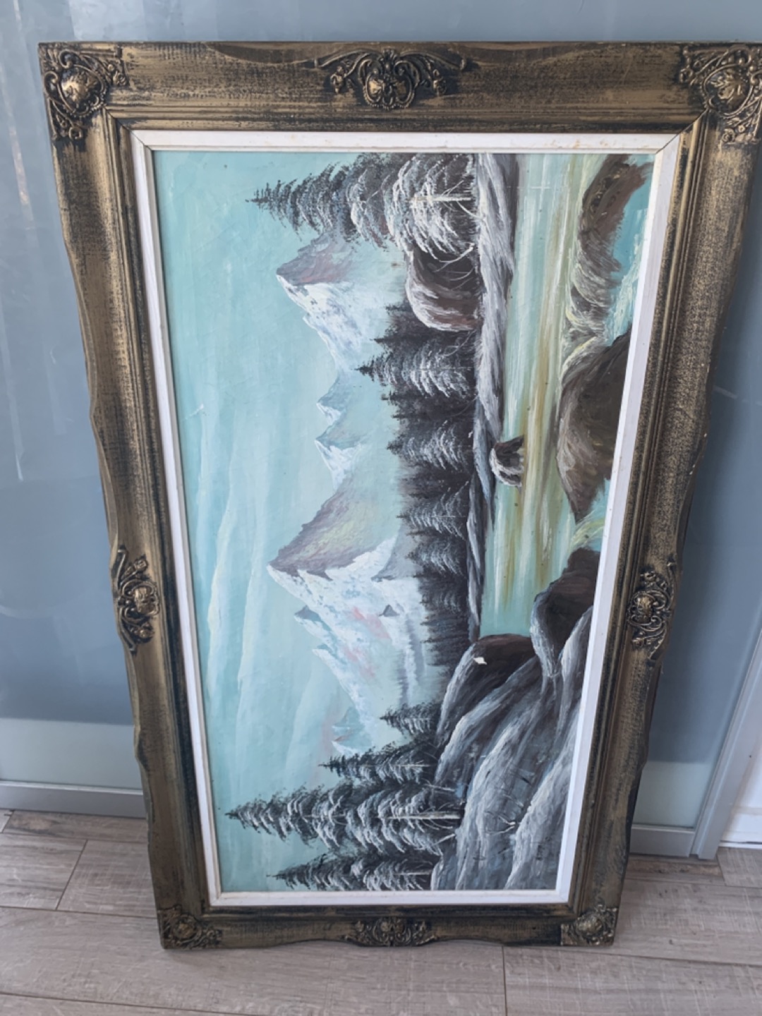 🏀 Large Oil painting winter lake by mountains and forest