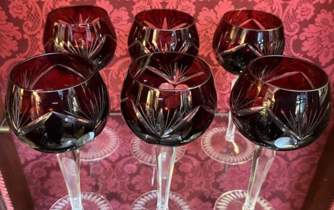 1950's Bohemian Deep Red to Clear Hand Cut Crystal Wine Hock . thumbnail