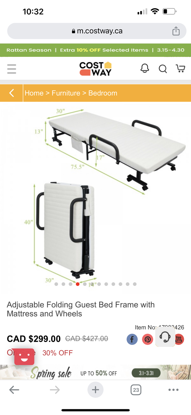 Adjustable Folding Guest Bed Frame with Mattress and Wheels - photo 3