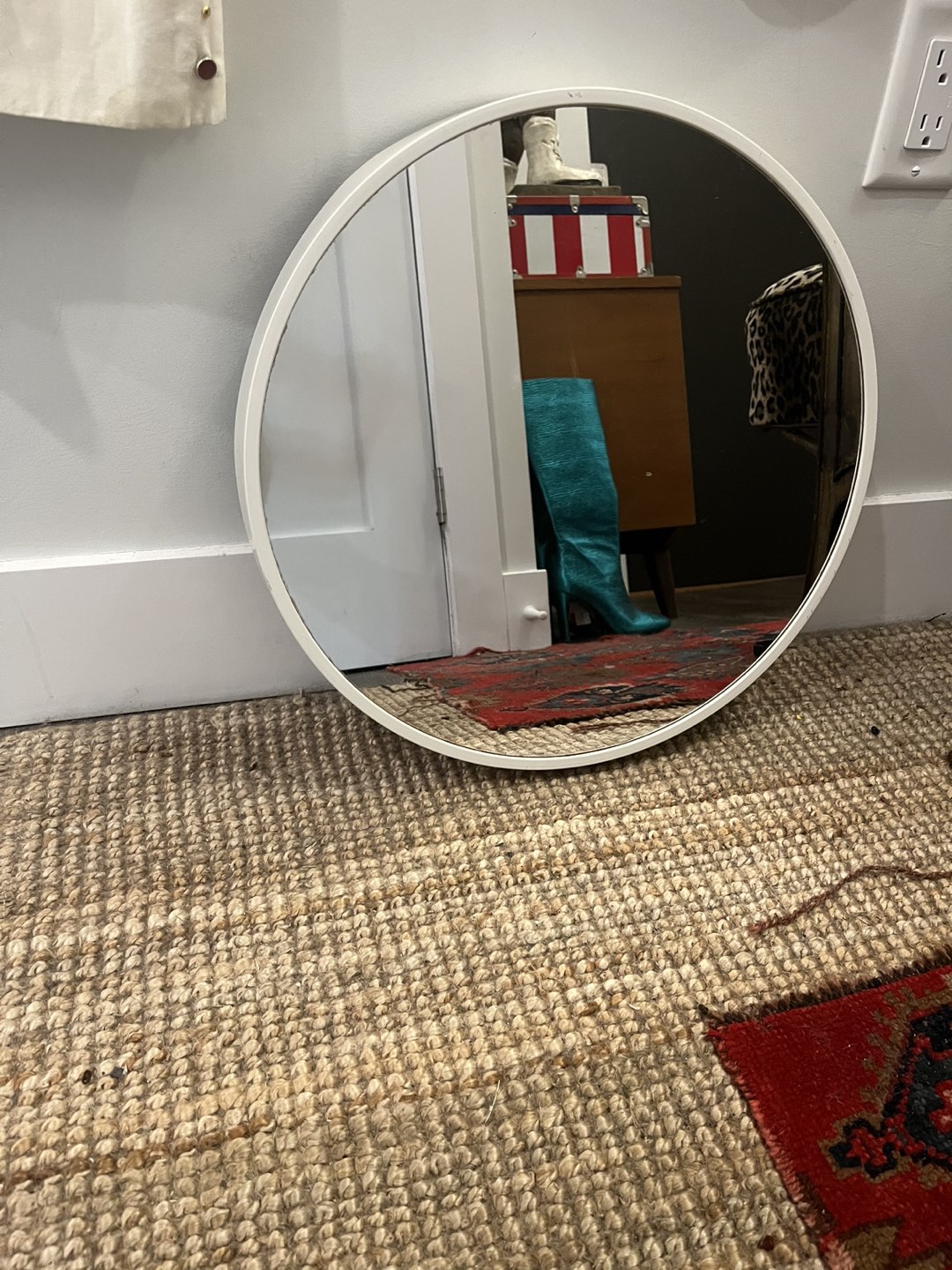 Small round white framed mirror