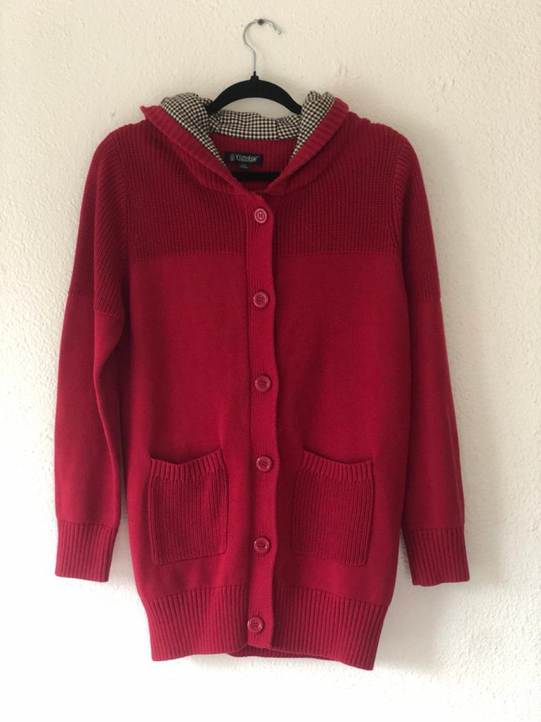 Red Crochet with hood sweater, YIZHIQI, high quality fabric. thumbnail