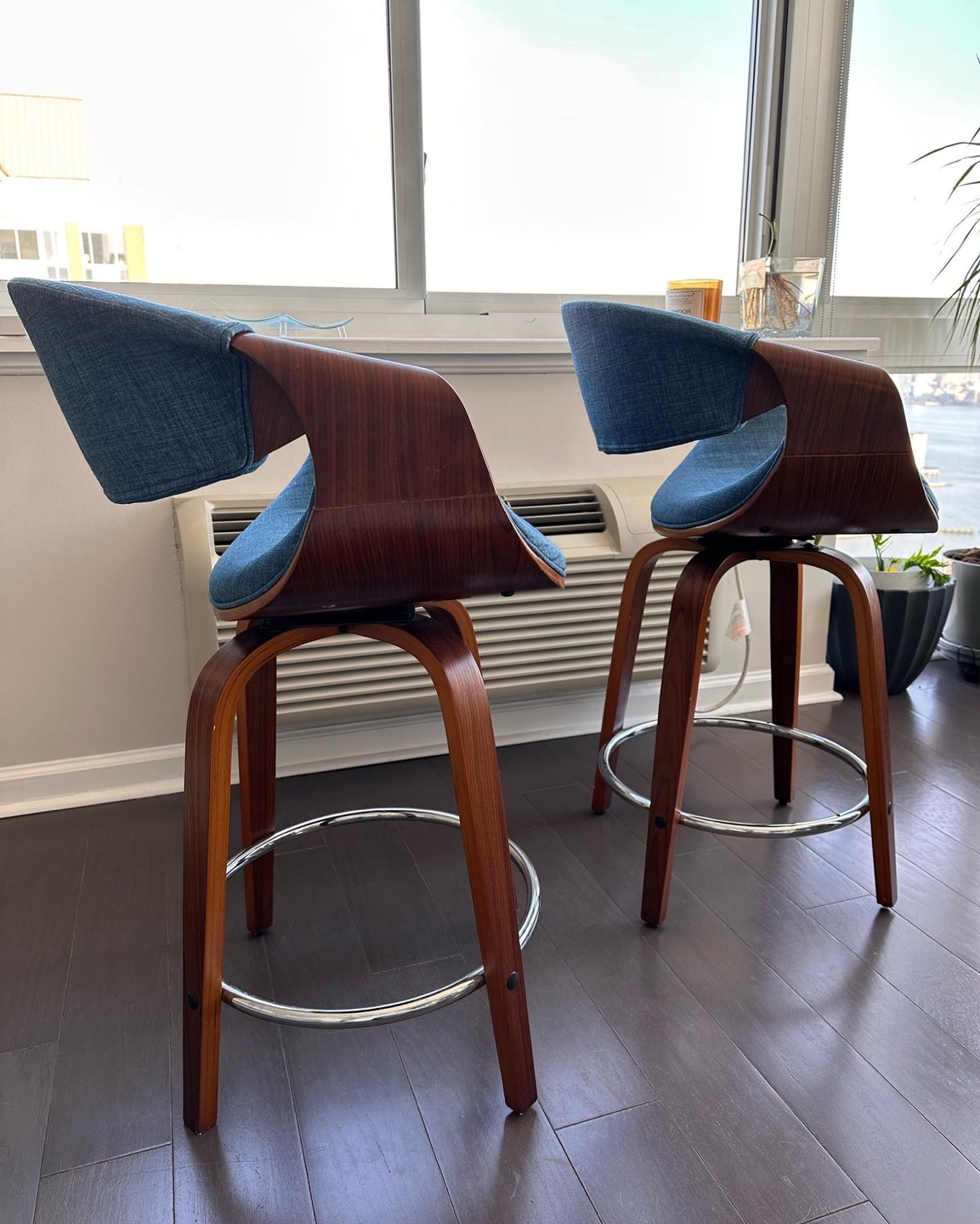 Counter Height Bar Stool in Blue Fabric and Walnut Wood - photo 2