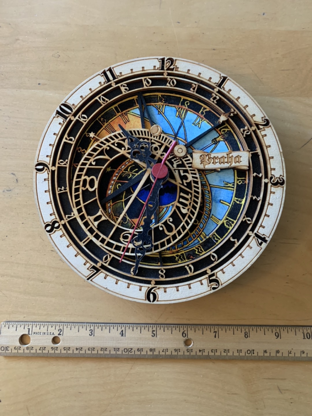 Wooden astrology theme clock made in Czech Republic 8” thumbnail