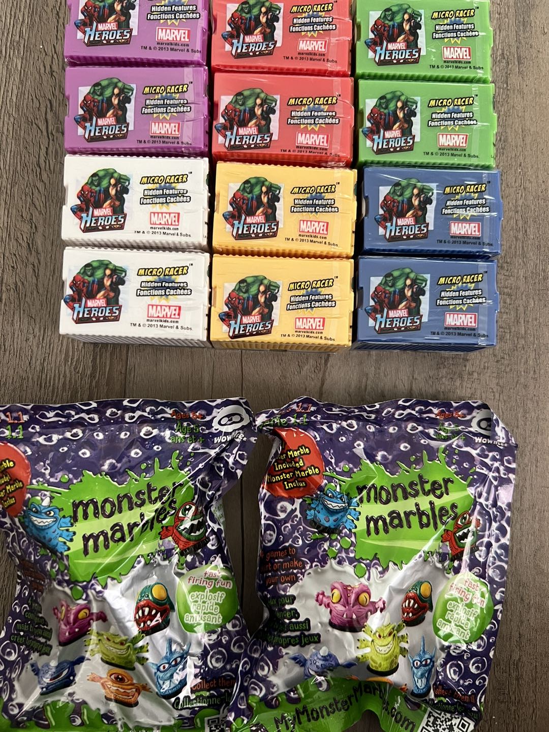Marvel Heroes Micro racers collection of 12 & 2 monster marbles