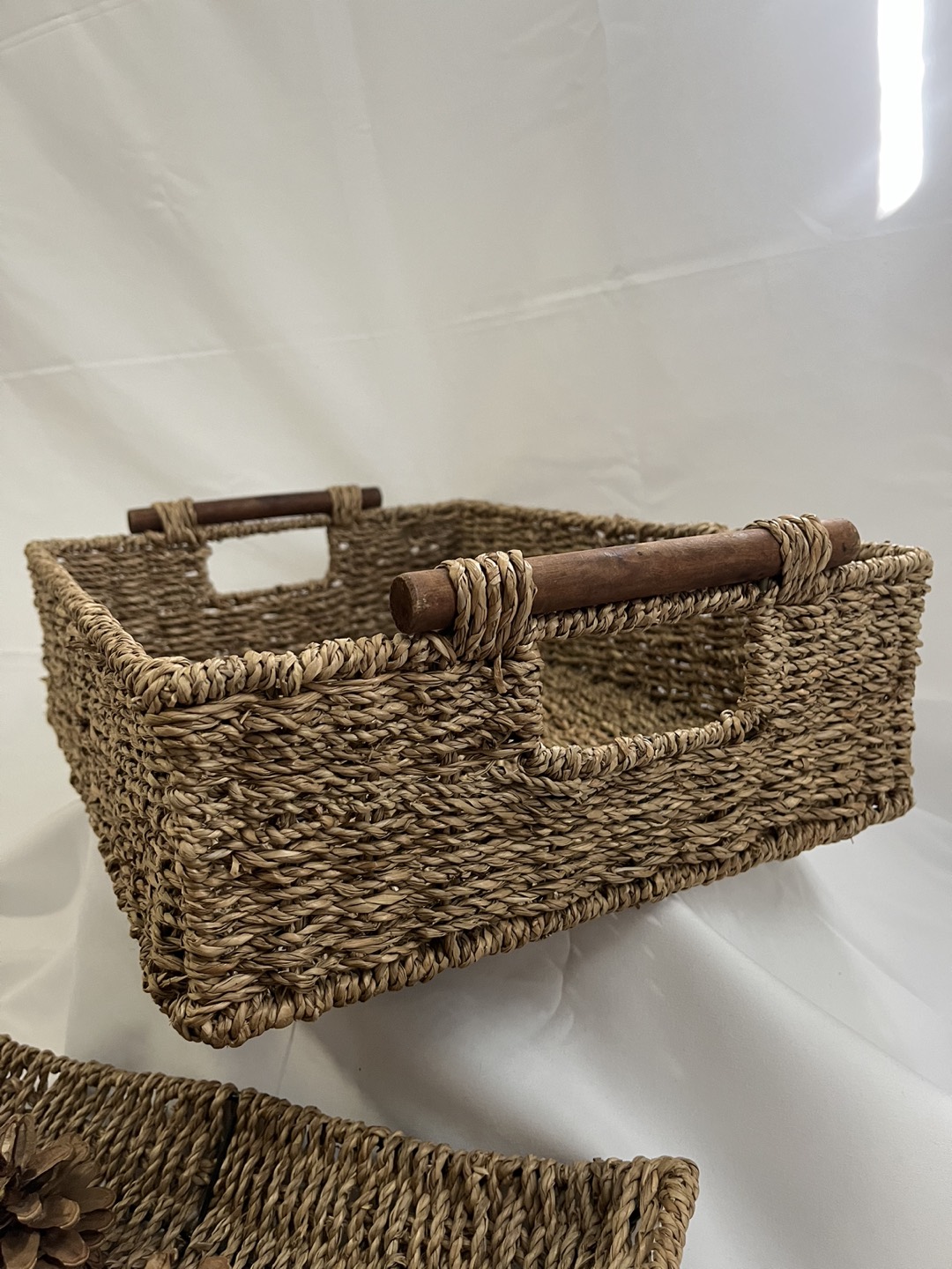 3 Jute Woven Trays with stand/Wooden handle image indicator(8)