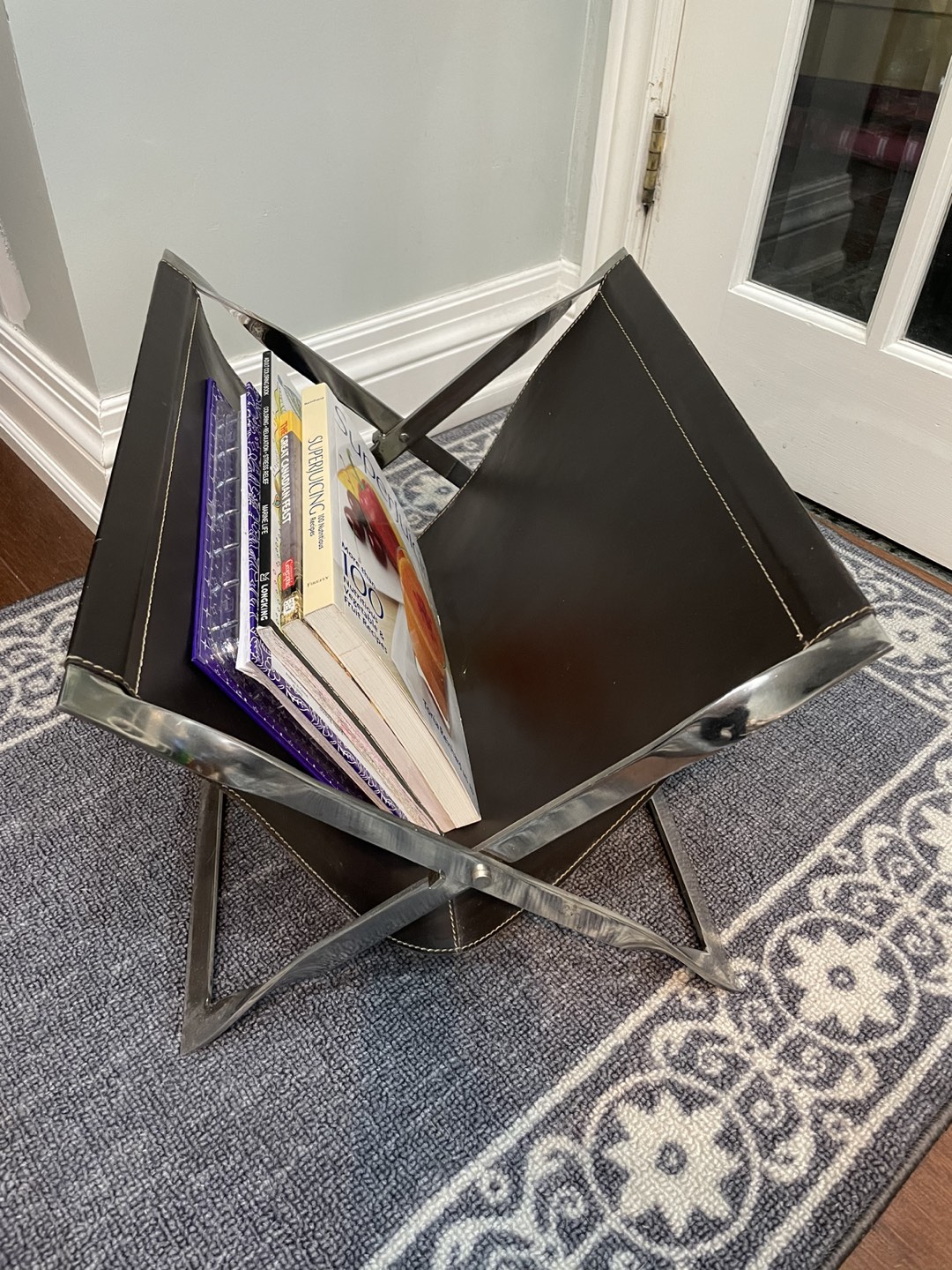 Brown Leather and Chrome Foldable Sling Magazine/Book Rack thumbnail