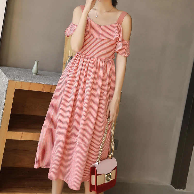 Open Back Pinstripe Ruffle Off-shoulder Midi Dress / Size S image indicator(2)