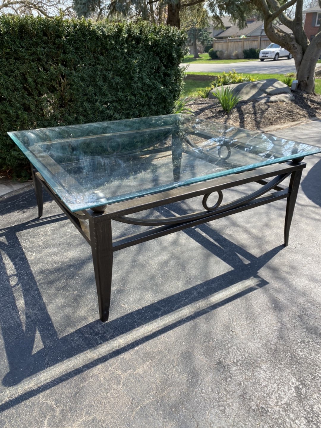 Art deco glass coffee table with metal base