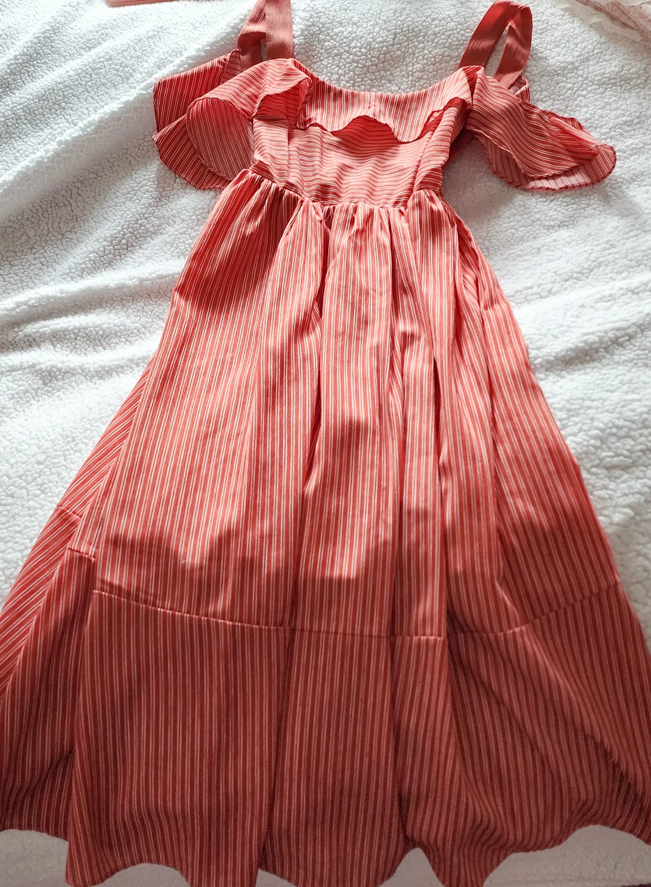 Open Back Pinstripe Ruffle Off-shoulder Midi Dress / Size S image indicator(6)