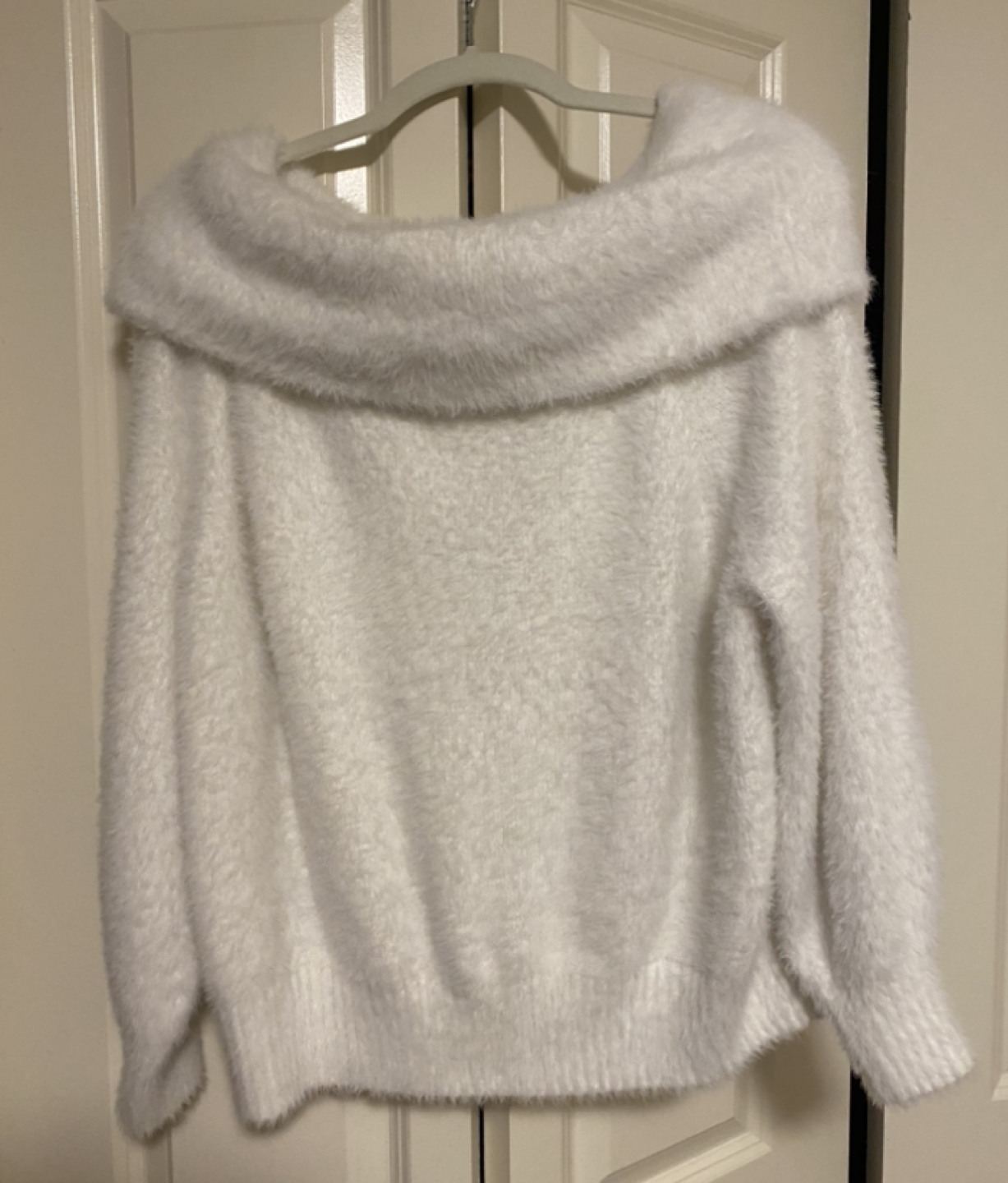 Off shoulder white fuzzy sweater