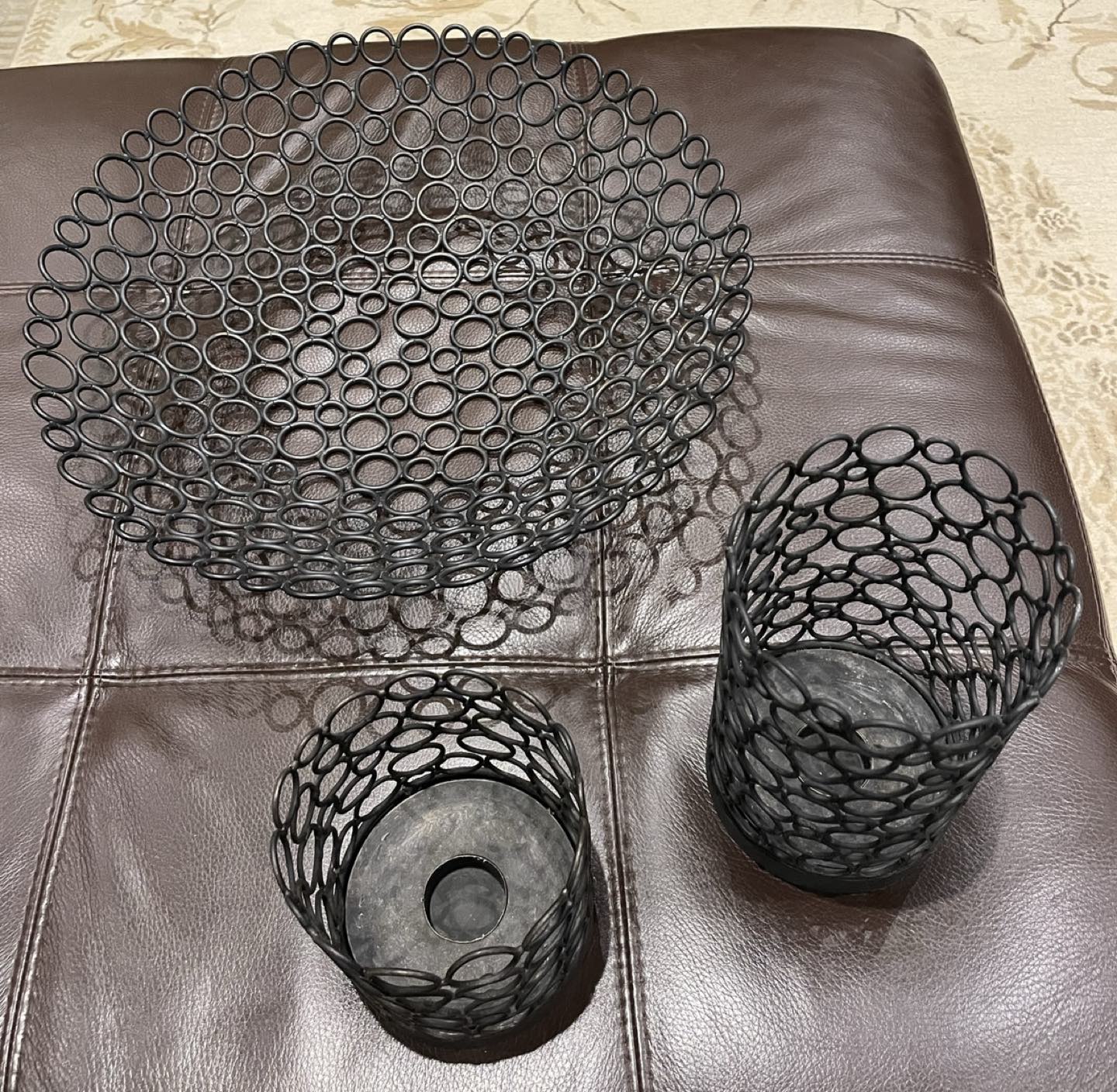 Decorative metal candle holders and bowl