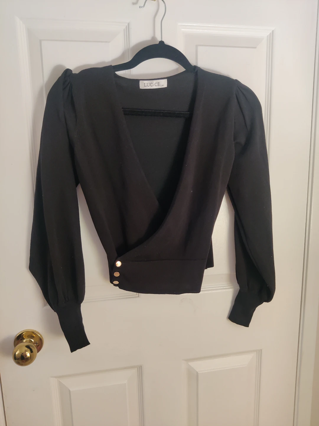 puff sleeve black wrap top thumbnail
