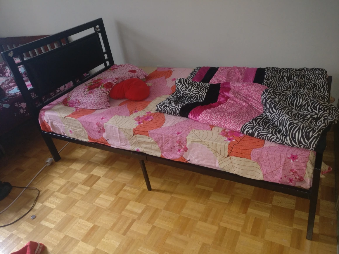 Black bed with leather headboard
