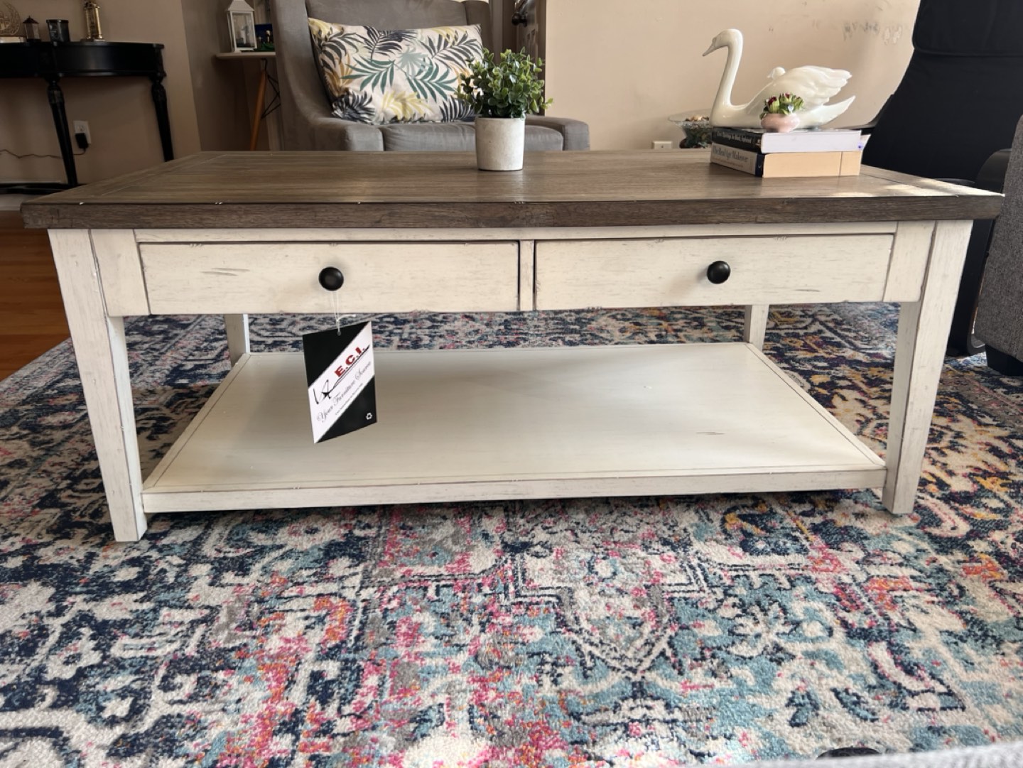 Rustic Wood Coffee Table w/ Wheels & Drawers - White & Gray