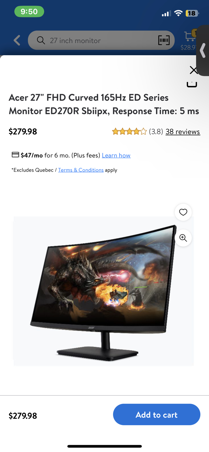 Acer 27” FHD Curve 165Hz ED series gaming Monitor