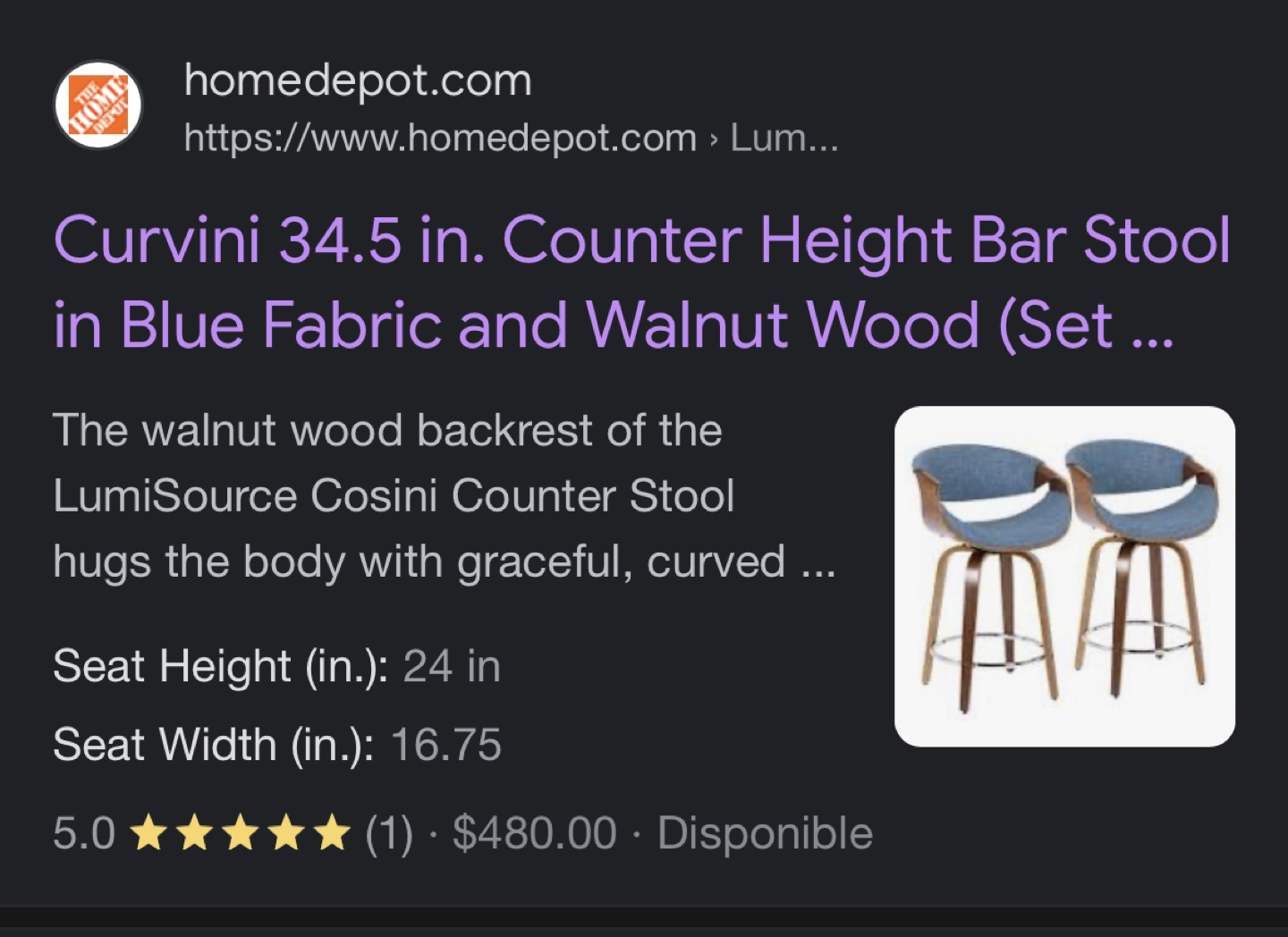 Counter Height Bar Stool in Blue Fabric and Walnut Wood - photo 4