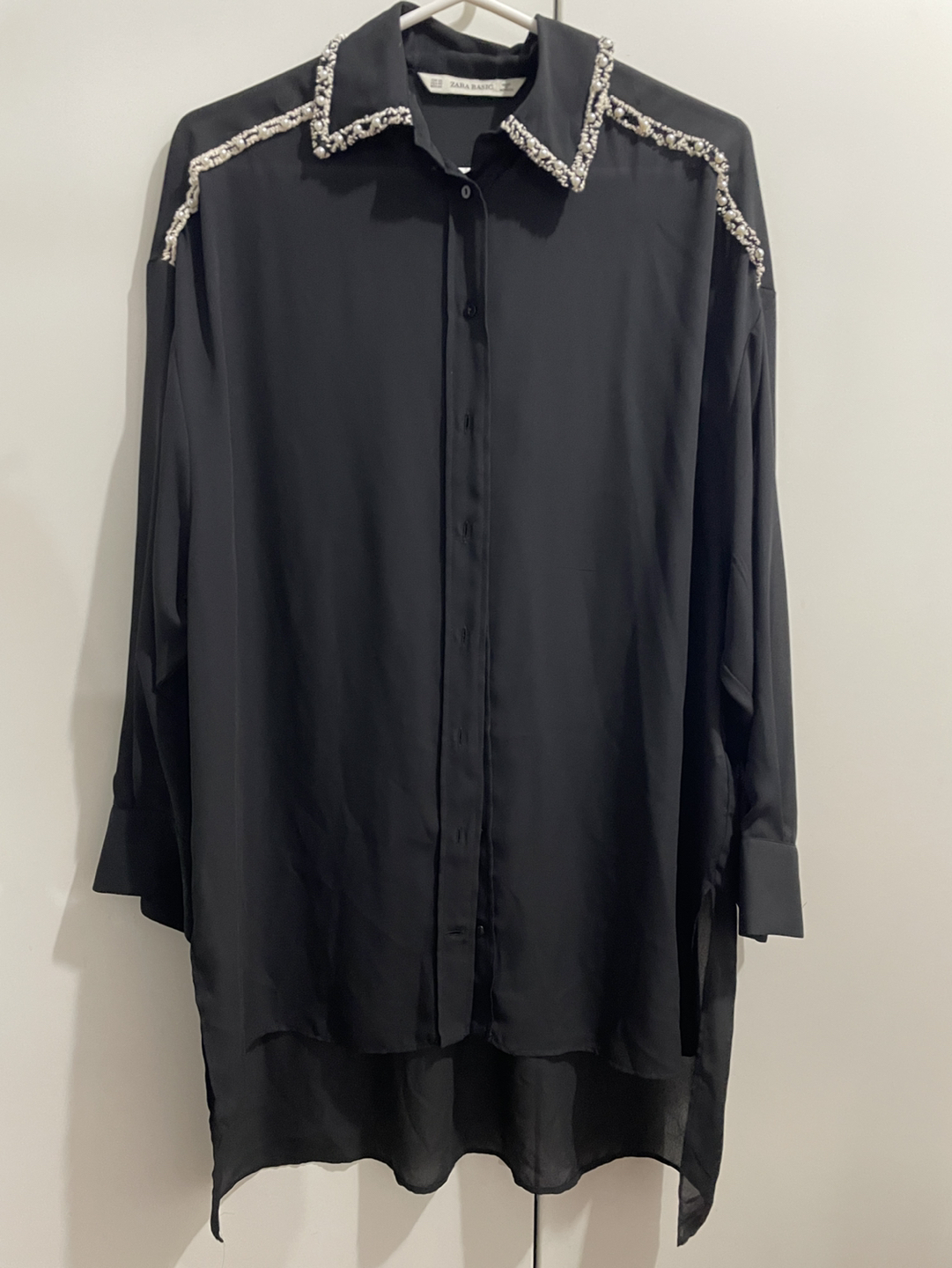 Zara black sheer blouse with pearl details thumbnail