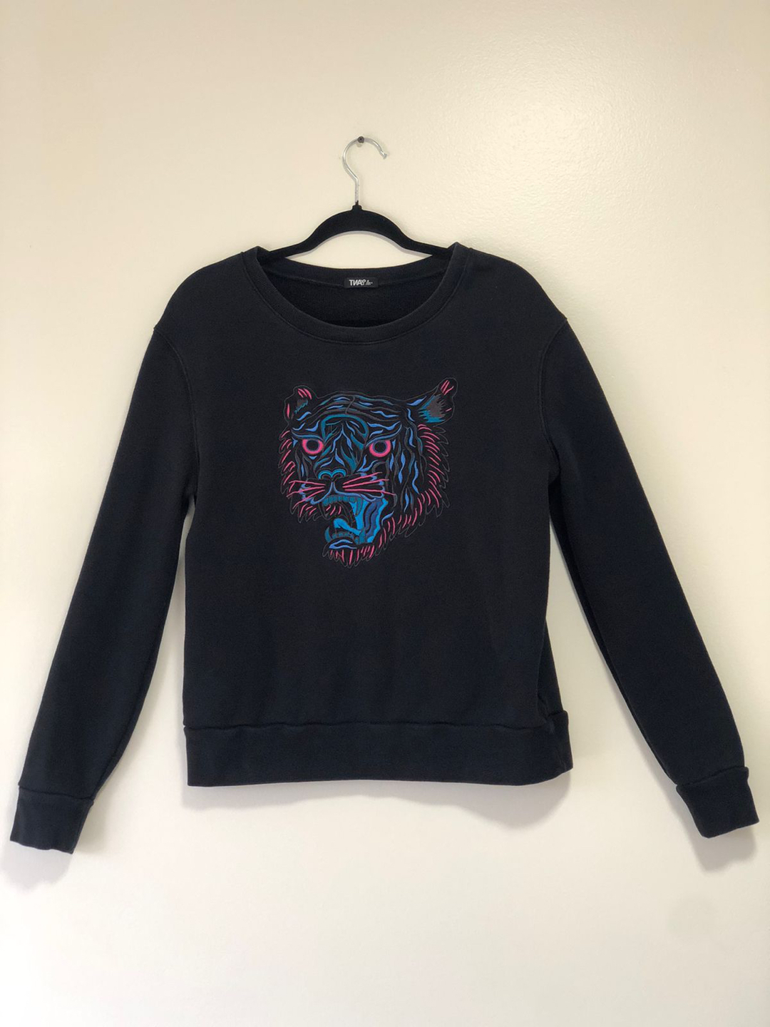 TNA, black cotton sweater, neon tiger graphic, size SMALL thumbnail