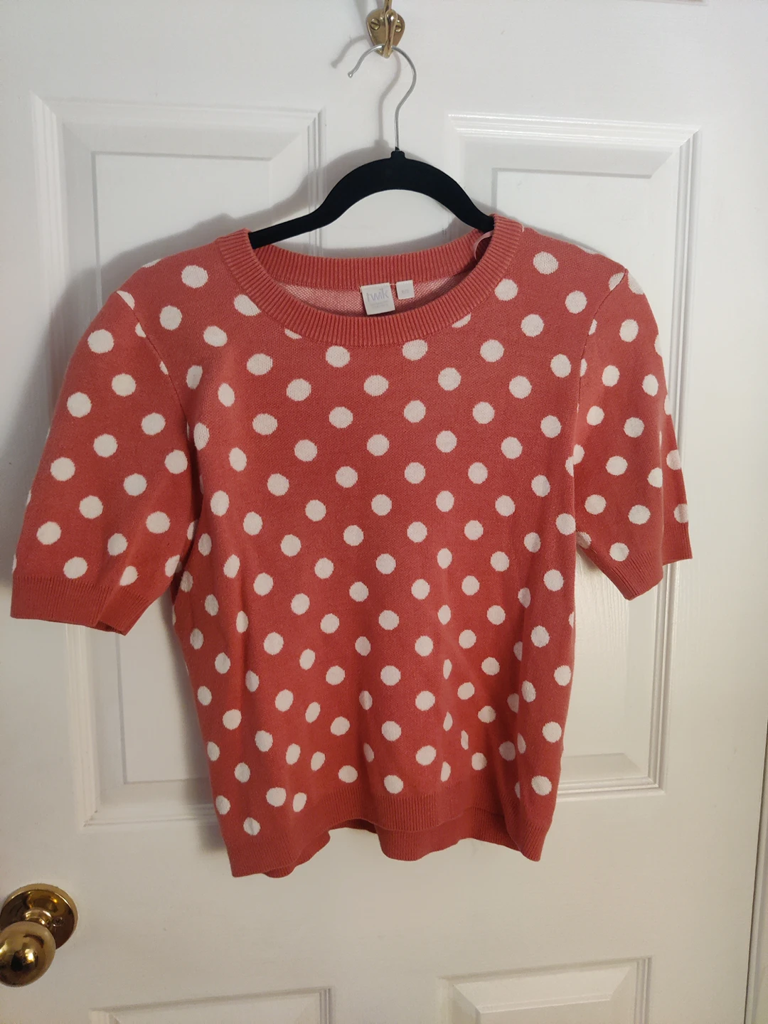 pink white polka dot short sleeve sweater twik simons thumbnail