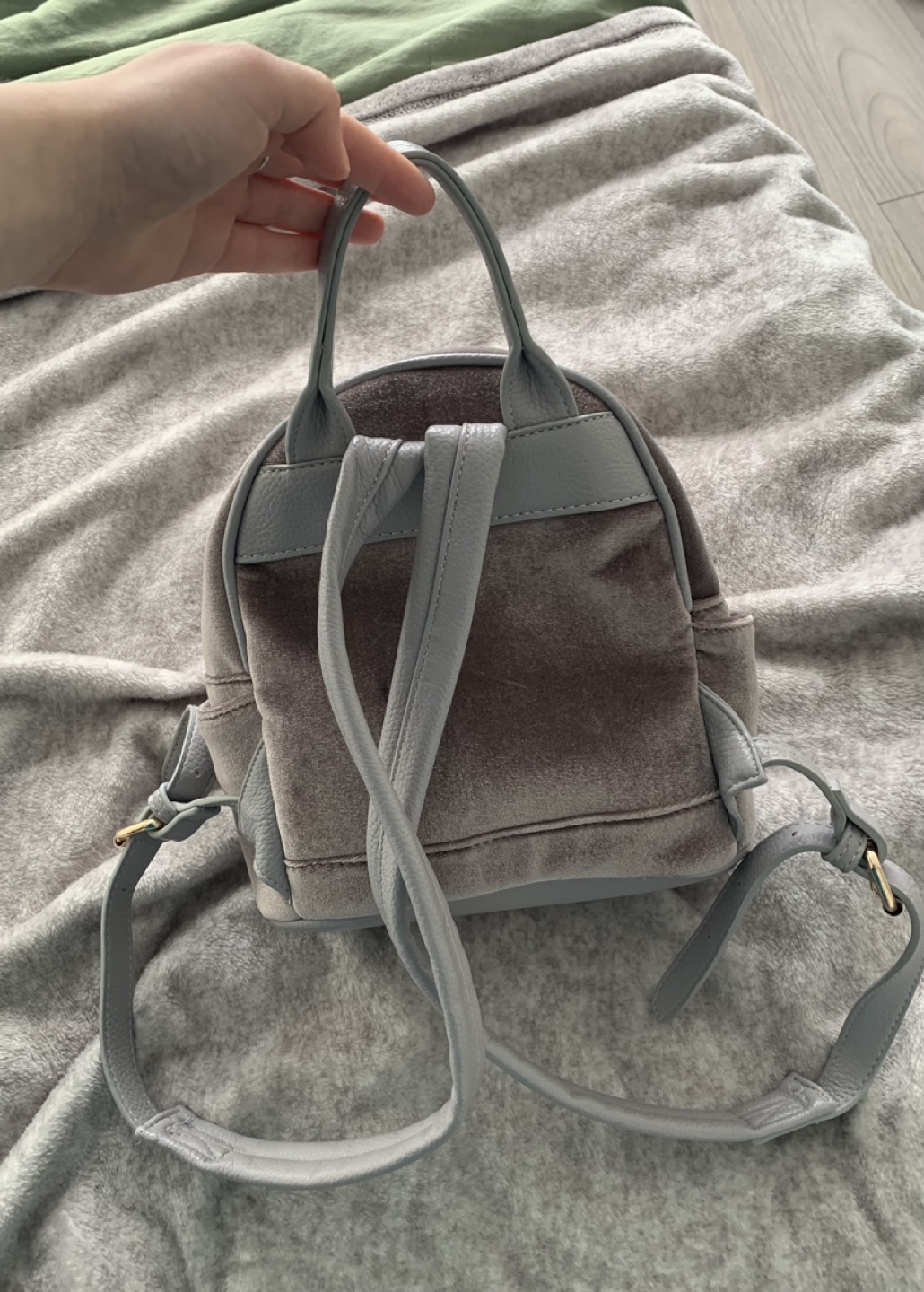 Cute silver velvet mini backpack — only used once! image indicator(2)