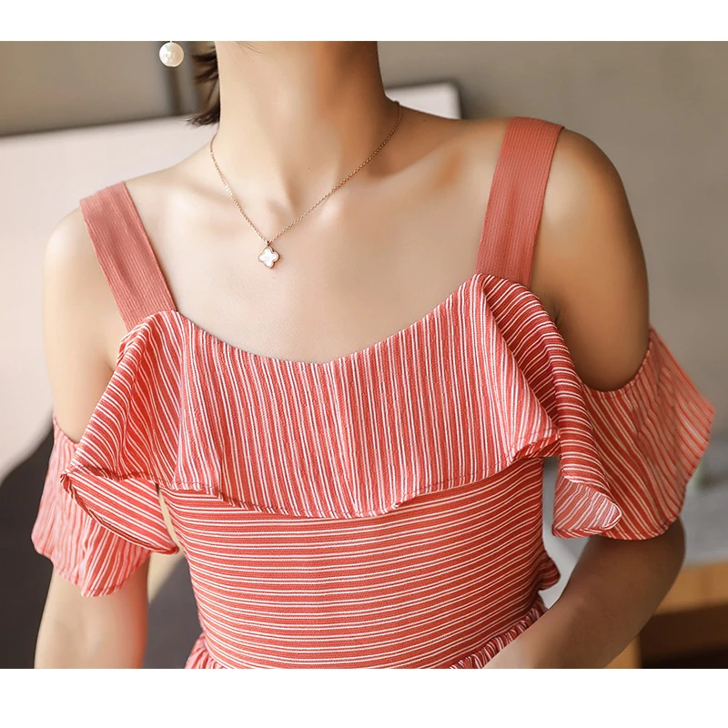 Open Back Pinstripe Ruffle Off-shoulder Midi Dress / Size S image indicator(3)