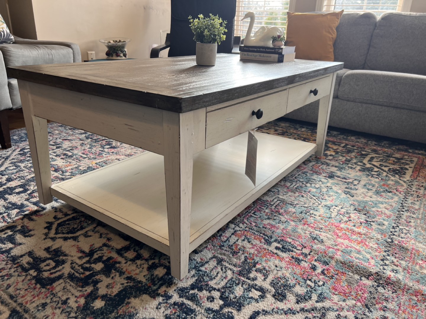 Rustic Wood Coffee Table w/ Wheels & Drawers - White & Gray - photo 3