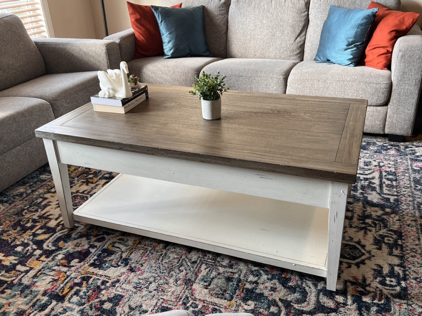 Rustic Wood Coffee Table w/ Wheels & Drawers - White & Gray - photo 5