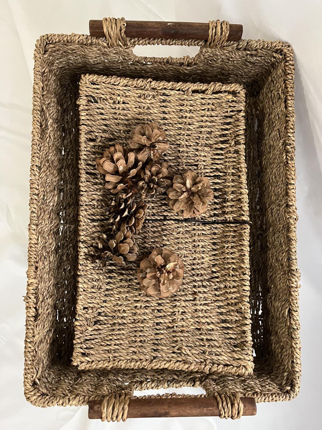 3 Jute Woven Trays with stand/Wooden handle image indicator(3)