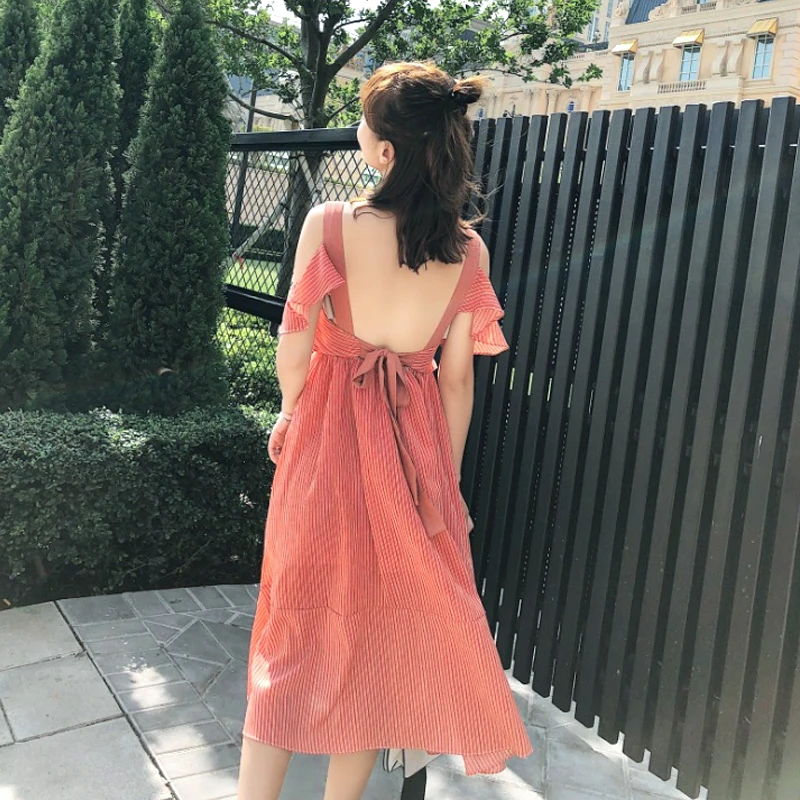 Open Back Pinstripe Ruffle Off-shoulder Midi Dress / Size S image indicator(7)