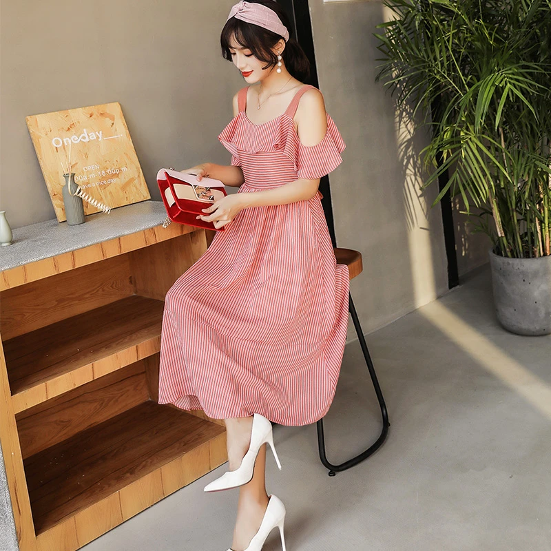 Open Back Pinstripe Ruffle Off-shoulder Midi Dress / Size S image indicator(4)