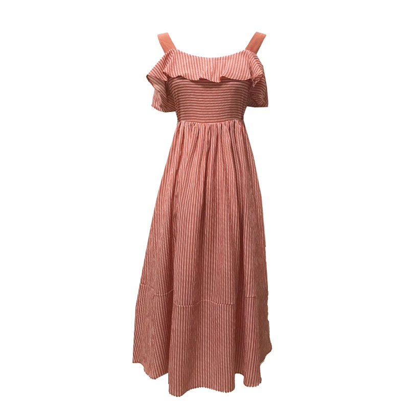 Open Back Pinstripe Ruffle Off-shoulder Midi Dress / Size S image indicator(5)