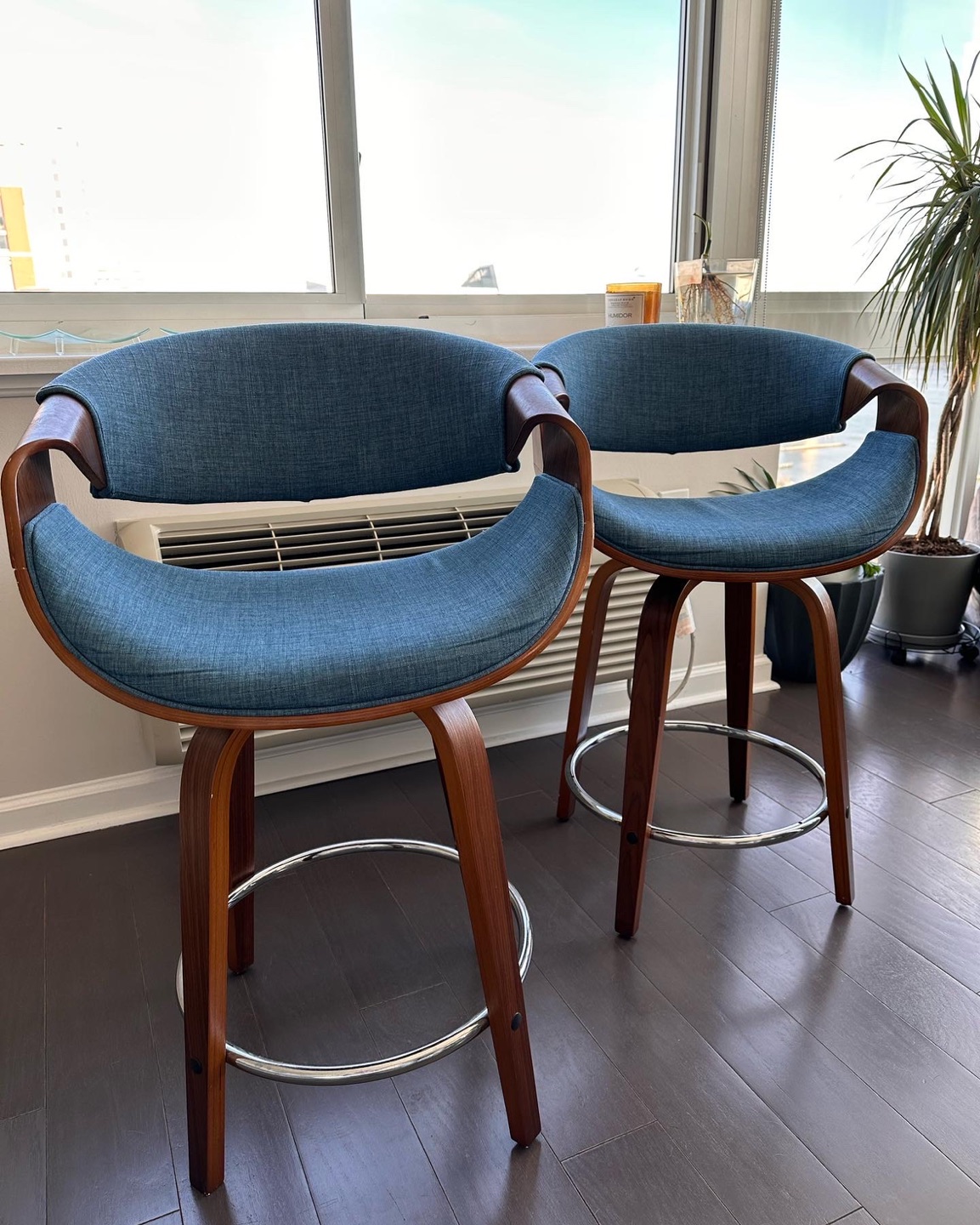 Counter Height Bar Stool in Blue Fabric and Walnut Wood