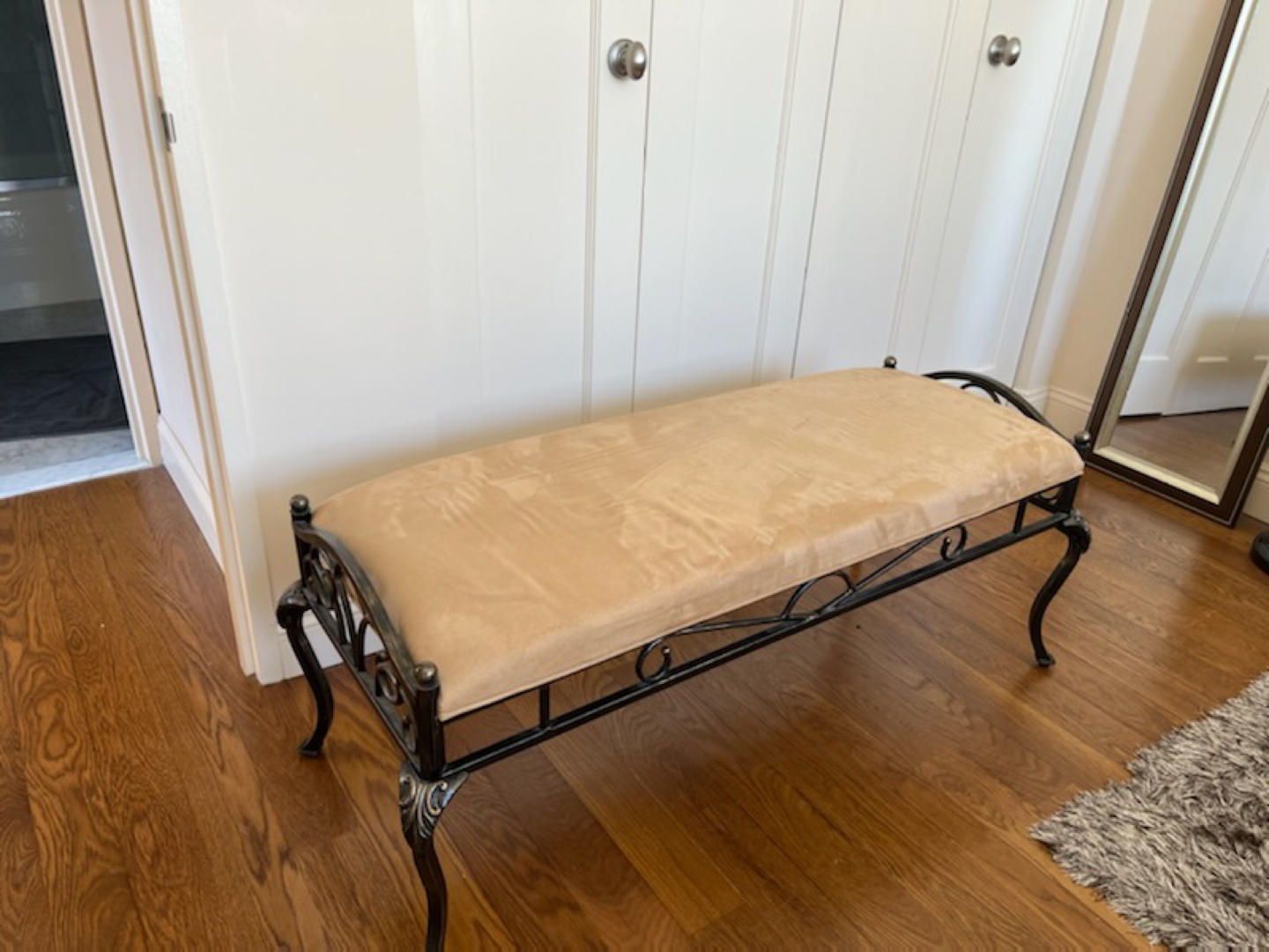 Bronze Wrought Iron Bench  w/ Tan Cushion thumbnail
