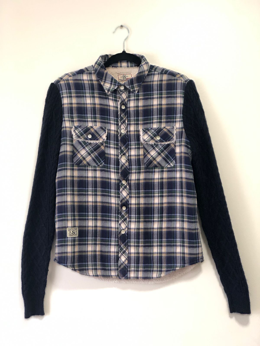 Delicious flannel , crochet shirt, sweater, M, tartan pattern. thumbnail