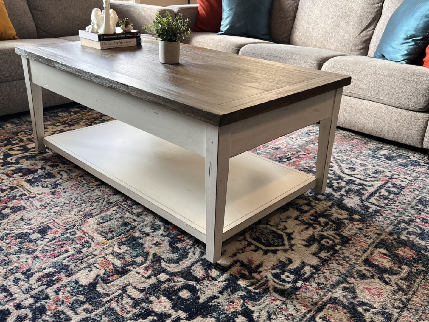 Rustic Wood Coffee Table w/ Wheels & Drawers - White & Gray - photo 4