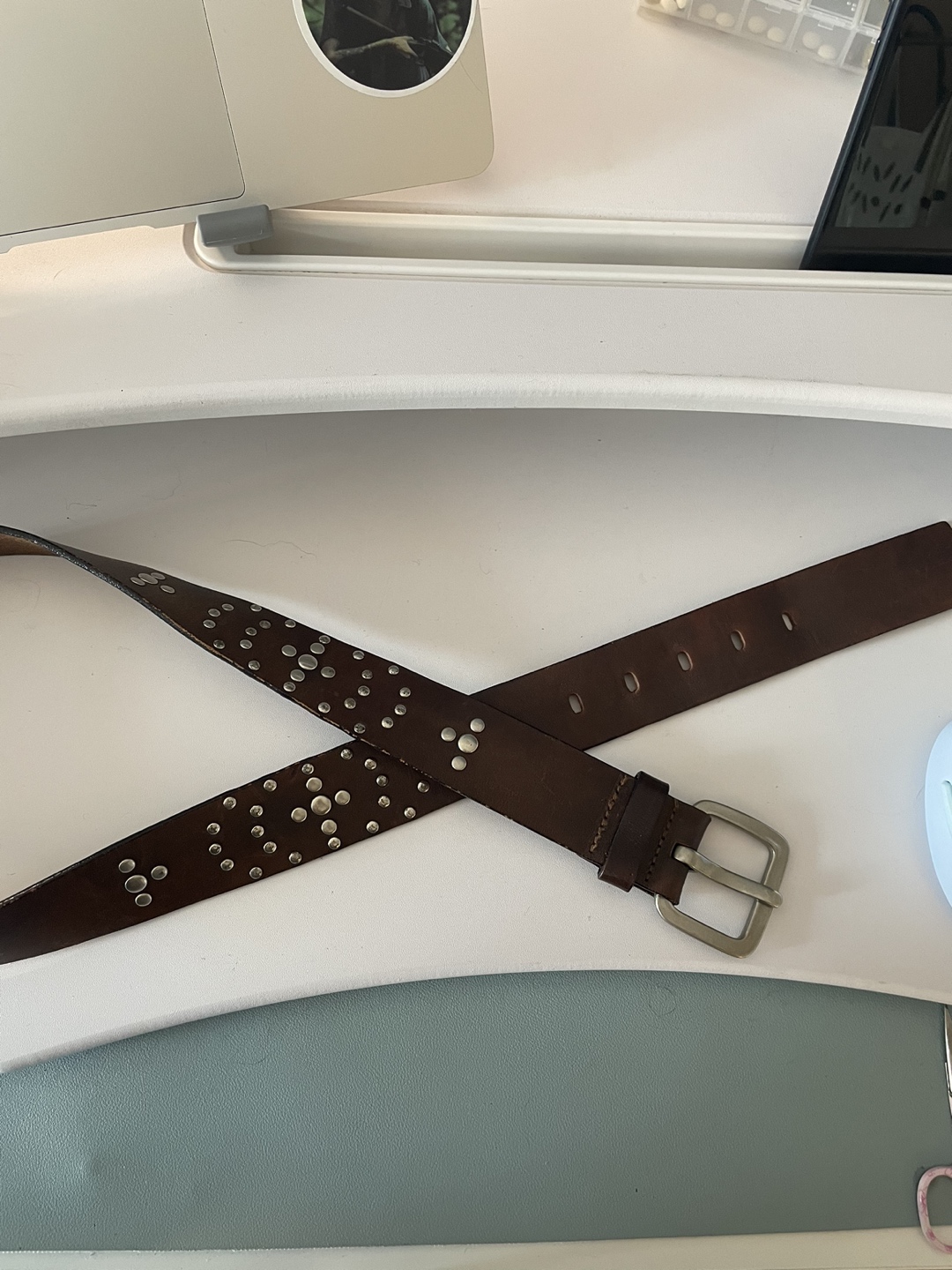 Brown Leather studded Belt - Large (fits medium) thumbnail