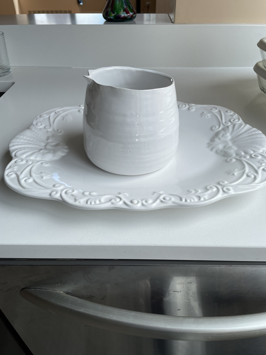 Brand New White Ceramic Platter and Cream Holder - photo 3