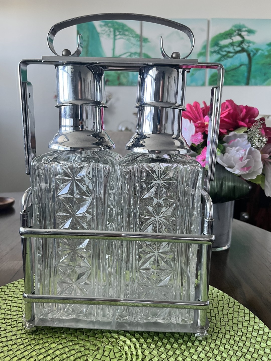 1960s Midcentury glass liquor Decanters in Chrome Caddy image indicator(3)