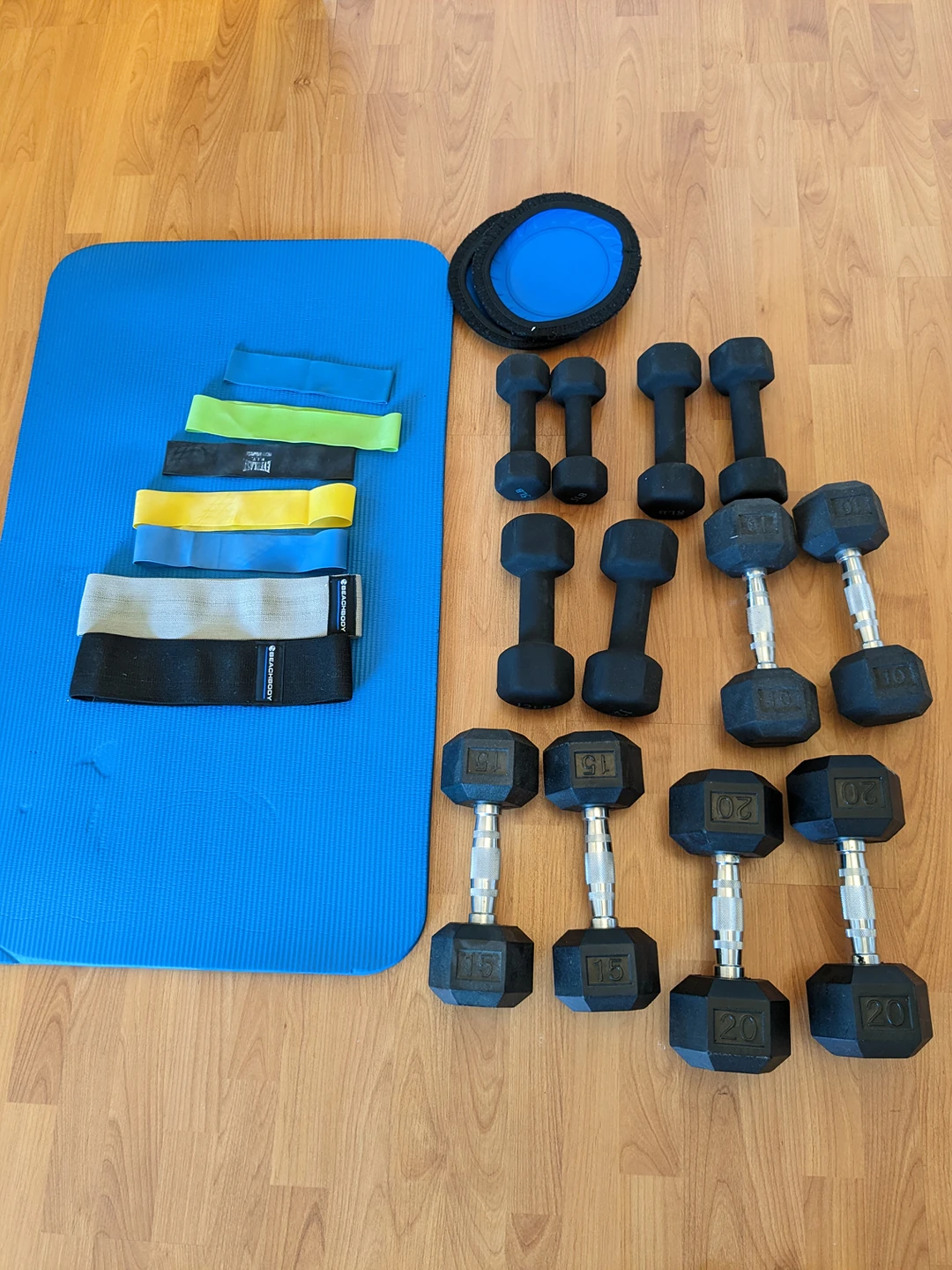 Home Gym Dumbbells, Bands, Sliders and Mat