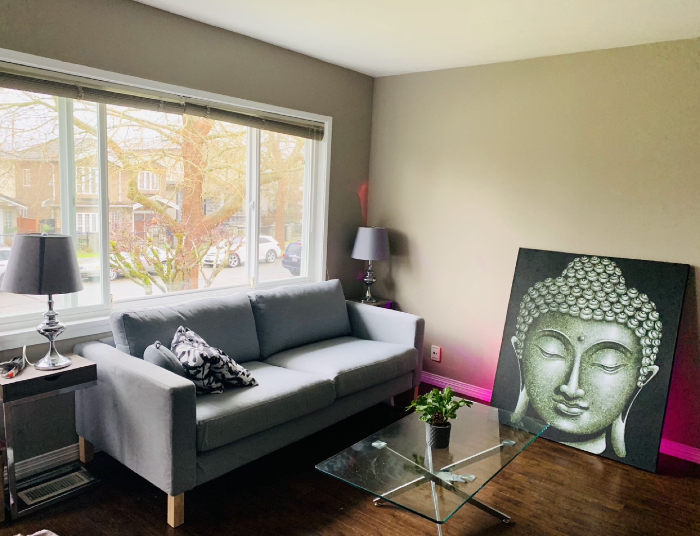 Sofa and glass coffee table