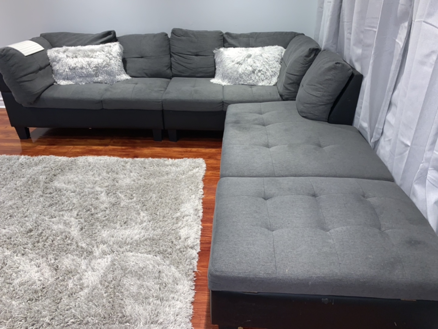 Grey L-shaped fabric Sectional Sofa / Couch with storage ottoman