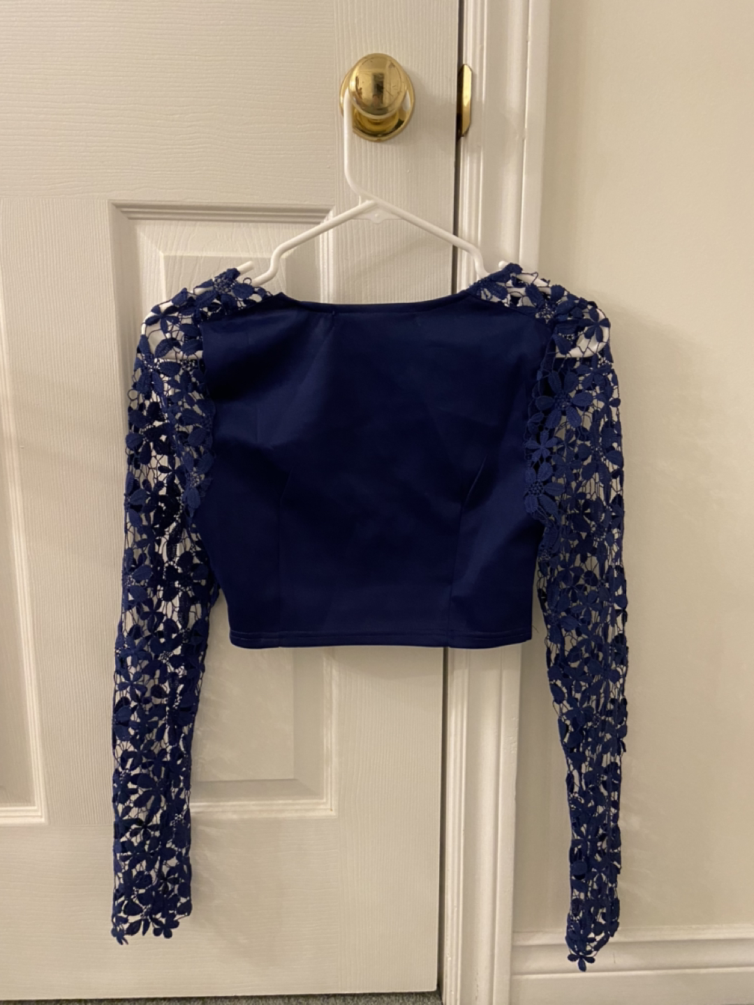 Reverse Navy Blue Crop Top with Crochet Lace Sleeves image indicator(3)