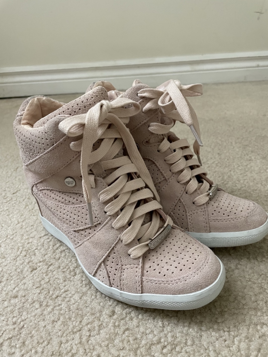 Coach wedge heel pink swede shoes size 6 thumbnail