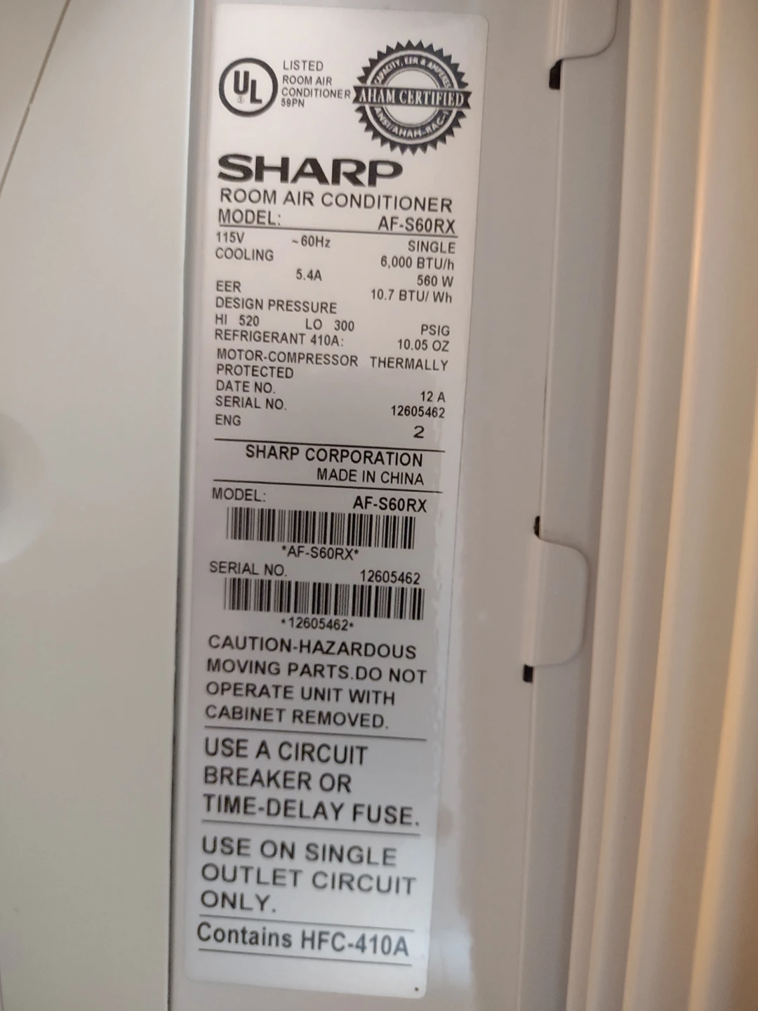 Sharp air conditioner model# AF-S60RX - photo 3