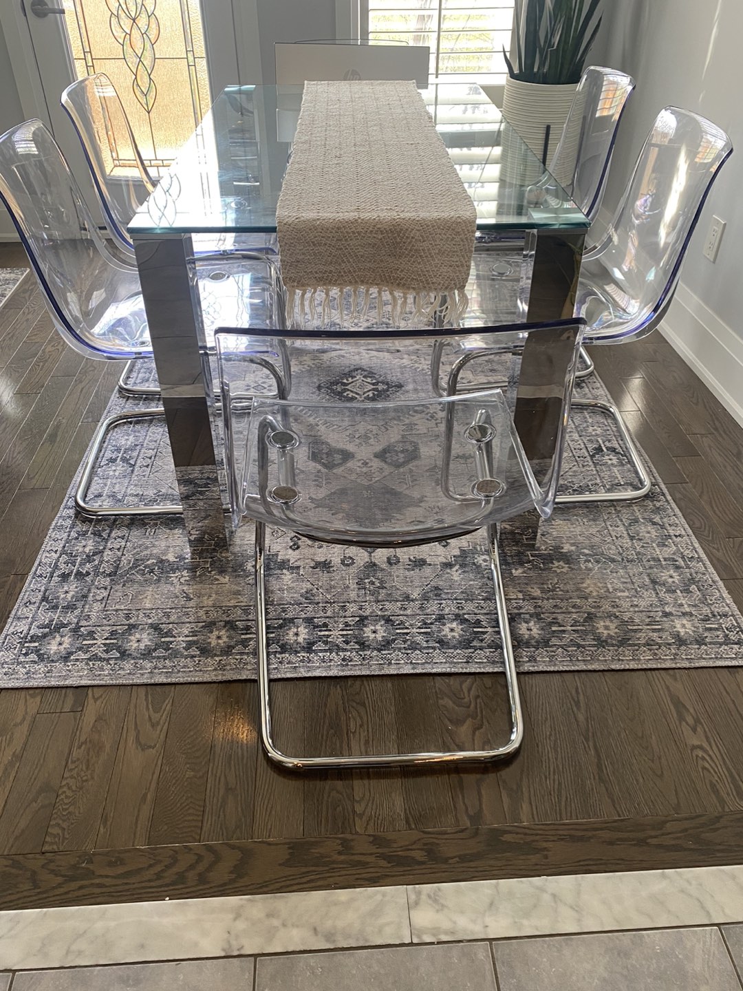 Glass Dining Table with Chrome Transparent Chairs - photo 3