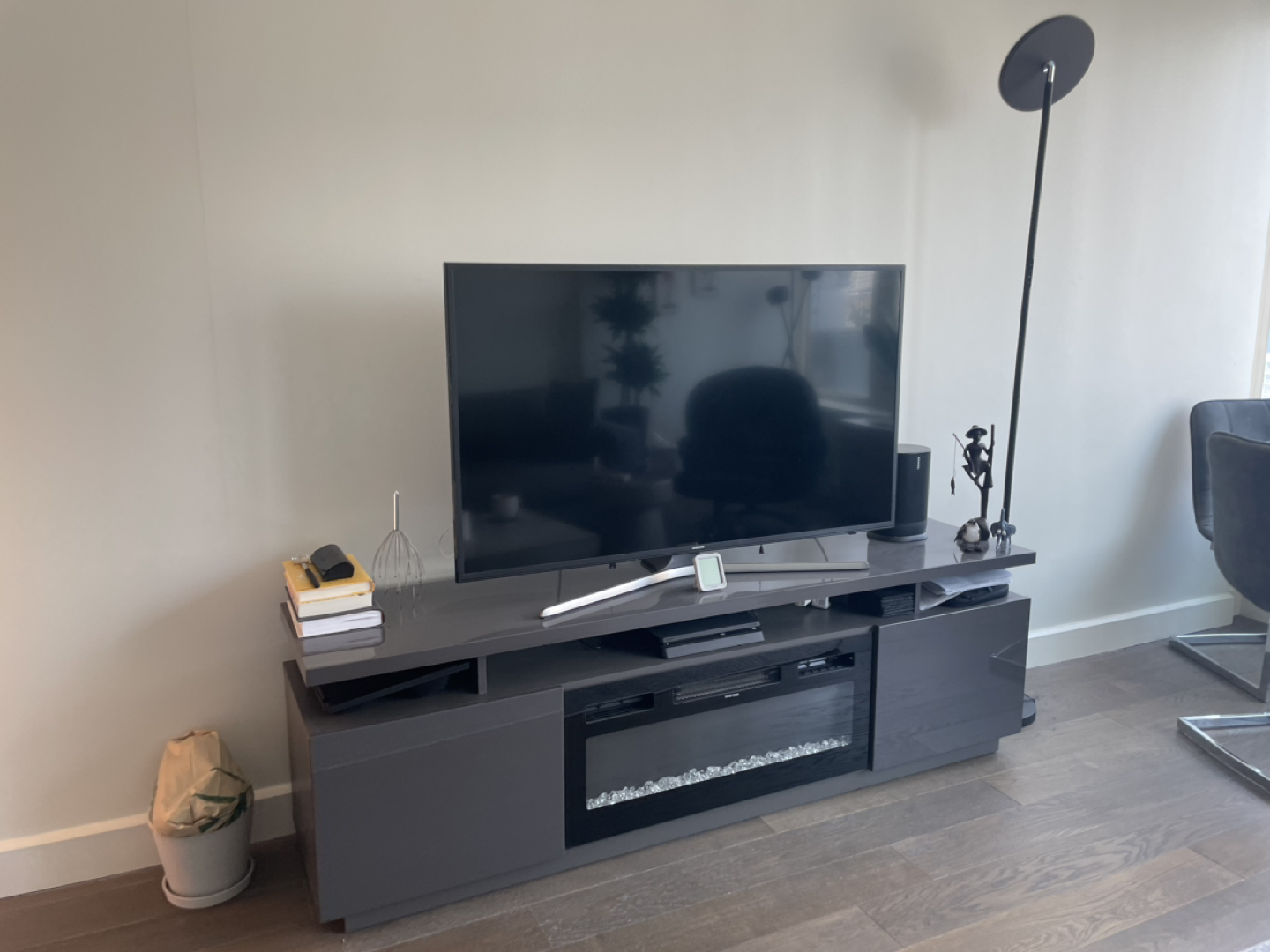 Gray TV stand with Fire Place