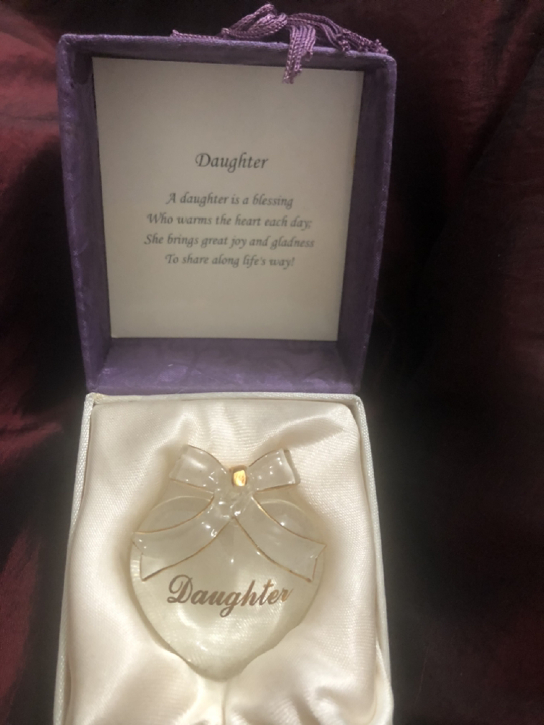Crystal heart daughter ornament with beautiful words in gift box