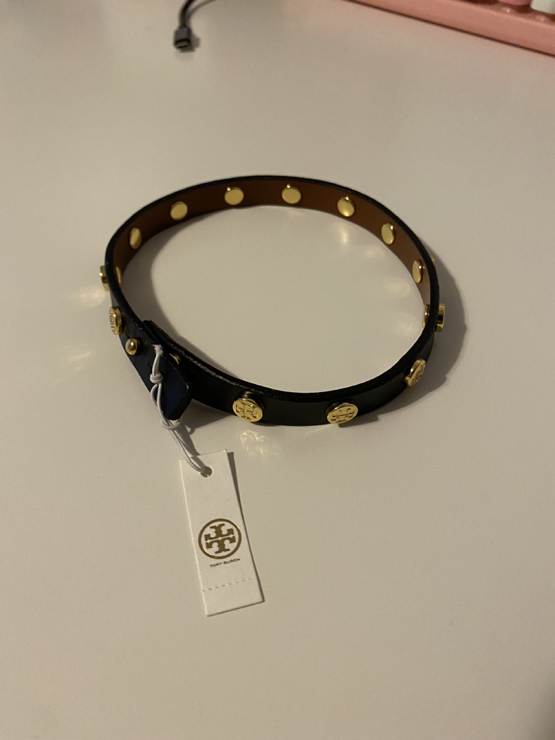 NWT Tory Burch Black and Gold Double Wrap Logo Stud Bracelet thumbnail